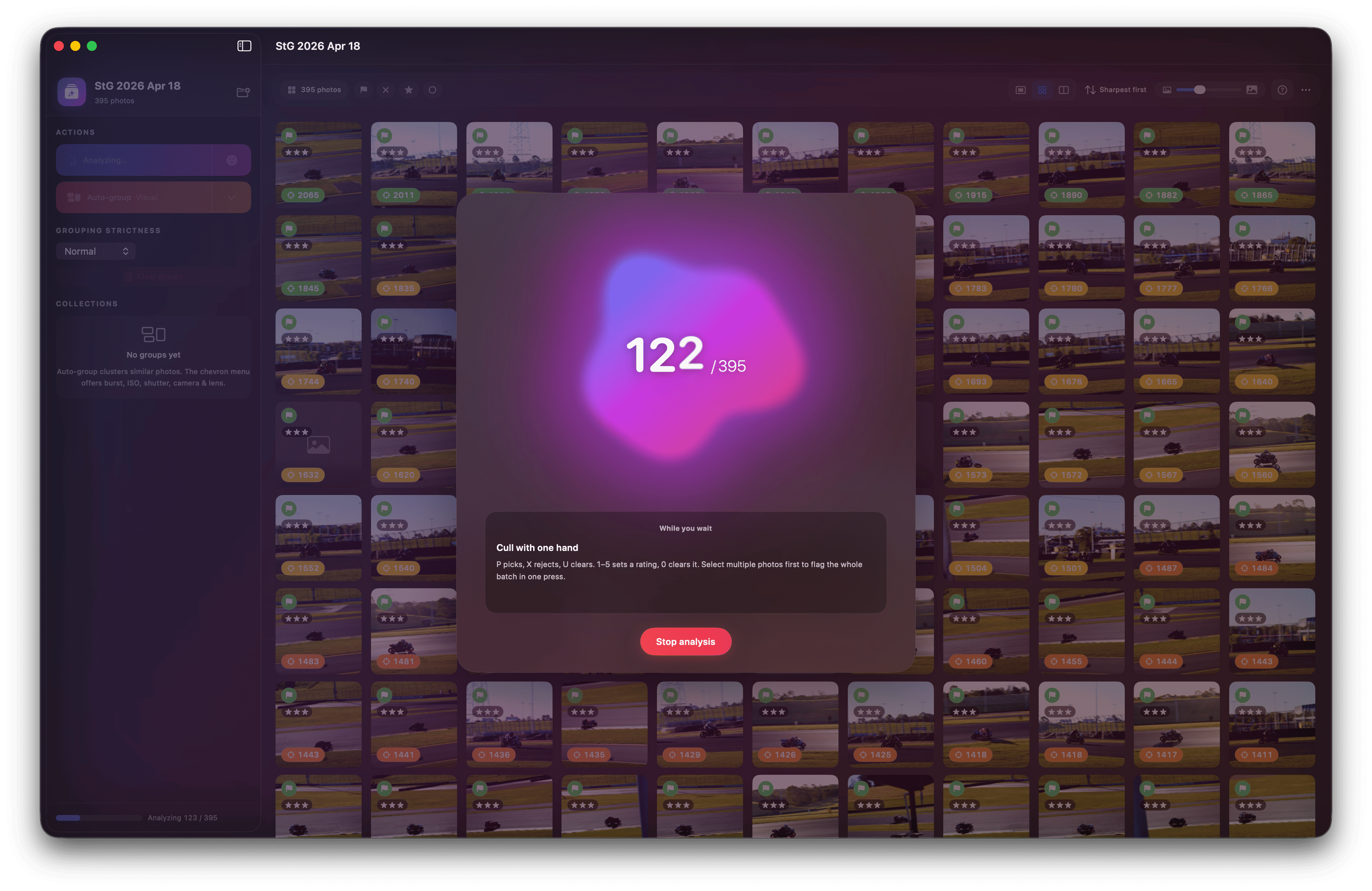 Glace auto-analyze progress over a dimmed photo grid on Mac