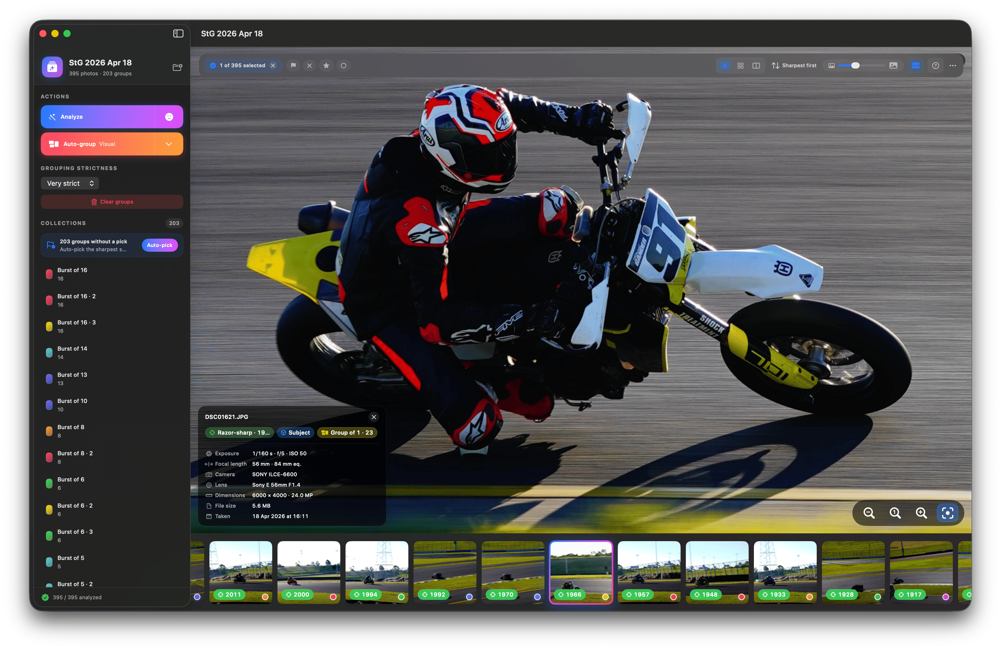 Glace preview with subject highlighted and quality tags on a race photo