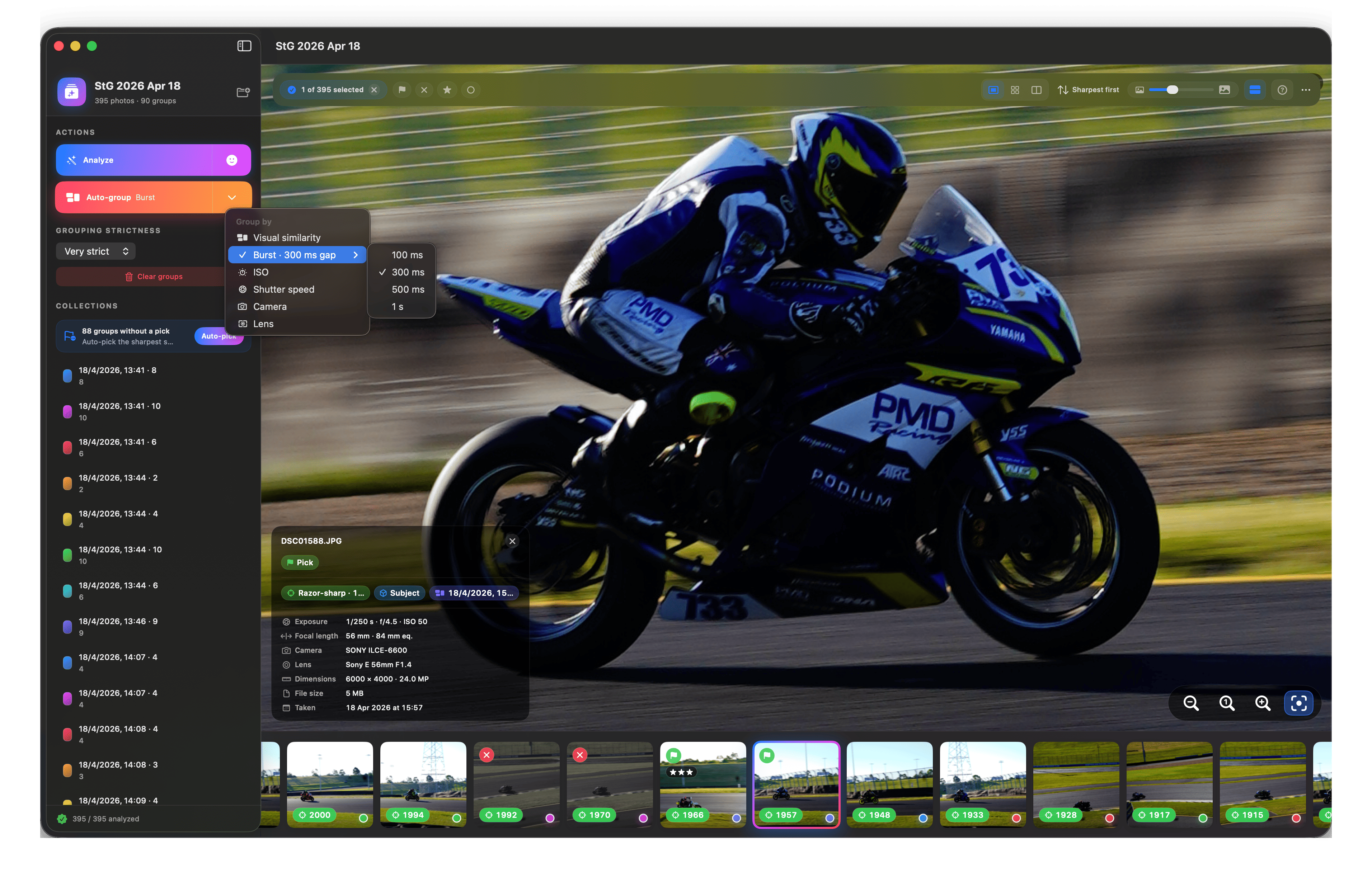 Glace sidebar with auto-group, burst options, and collections